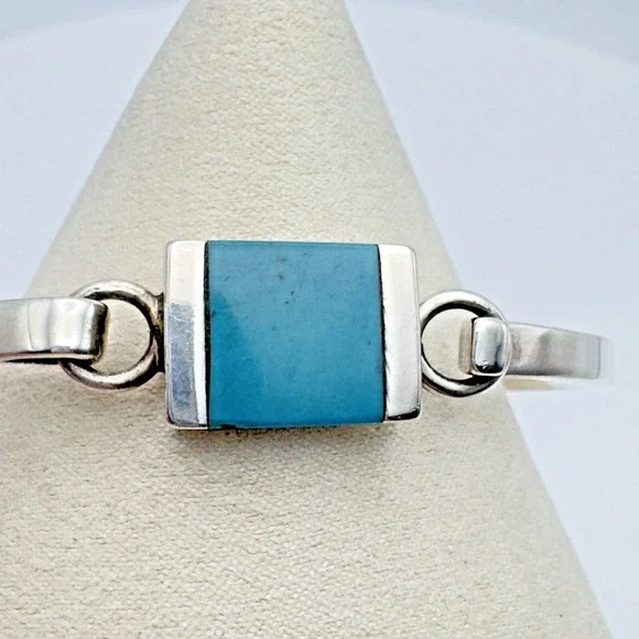Taxco Sterling Silver Turquoise Bangle Bracelet Size 6.5 Mexico Hook Closure 25g - Picture 2 of 9
